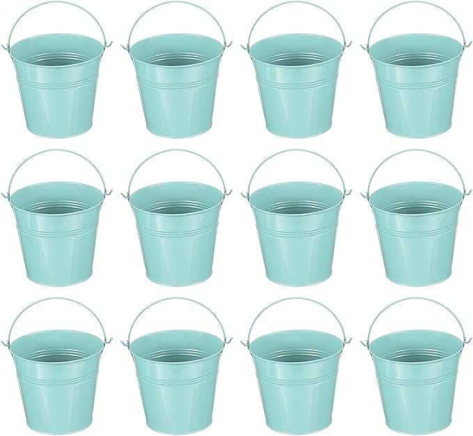 PATIKIL 5.1"x4.7" Small Metal Buckets with Handle, 12 Pcs Mini Galvanized Bucket Colorful Easter Buckets for Crafts Party Favors Decoration, Light Blue