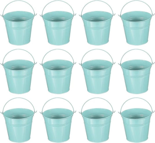 PATIKIL 5.1"x4.7" Small Metal Buckets with Handle, 12 Pcs Mini Galvanized Bucket Colorful Easter Buckets for Crafts Party Favors Decoration, Light Blue