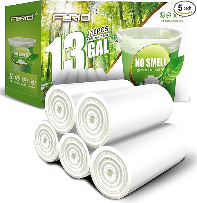 FORID 13 Gallon Trash Bags - Clear Plastic Garbage Bags Medium Tall Trash Can Liners for Kitchen Office Home Waste Bins Unscented One Box with 5 Roll 110 Count 55 Liter - Thick & Durable Trash Bag