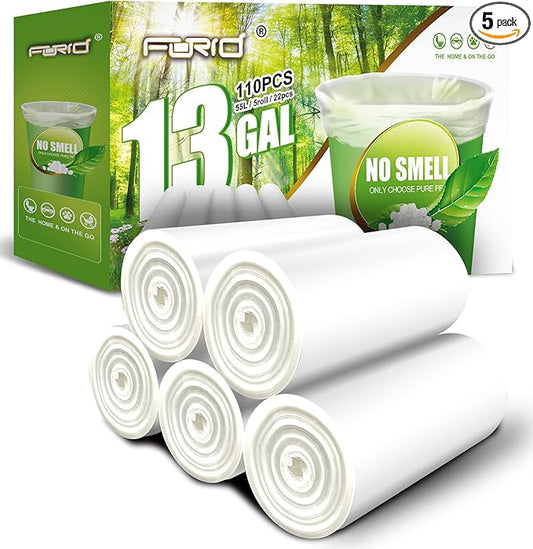 FORID 13 Gallon Trash Bags - Clear Plastic Garbage Bags Medium Tall Trash Can Liners for Kitchen Office Home Waste Bins Unscented One Box with 5 Roll 110 Count 55 Liter - Thick & Durable Trash Bag