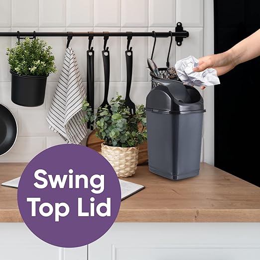 Superio Mini Desktop Trash Can with Swing Top Lid Portable Plastic Garbage Can for Countertop, Desktop, Make up Vanity, Bathroom, Car, Under Sink, Dorm Compact Waste Bin 5 L 1.25 Gal (2, Grey)