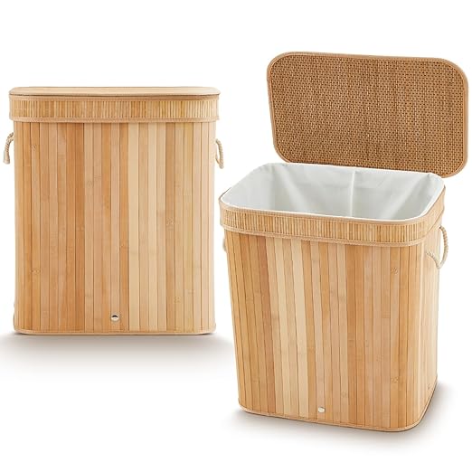 2 Pack Bamboo Slim Trash Can with Lid, 21 Gallon Large Foldable Slim Rectangular Garbage Can Bamboo Waste Basket for Bathroom Bedroom Office Home Salon Spa (24.8×20.9×13 Inches,Wooden Color)