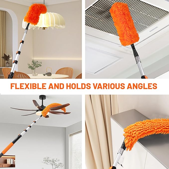 20ft High Reach Duster Kit with Extendable Pole (5-12ft),High Ceiling Duster Kit Includes–Ceiling Fan Blade Cleaner, Cobweb Remover, Bendable Duster, Microfiber Glass Scrubber & Squeegee & Swivel Head