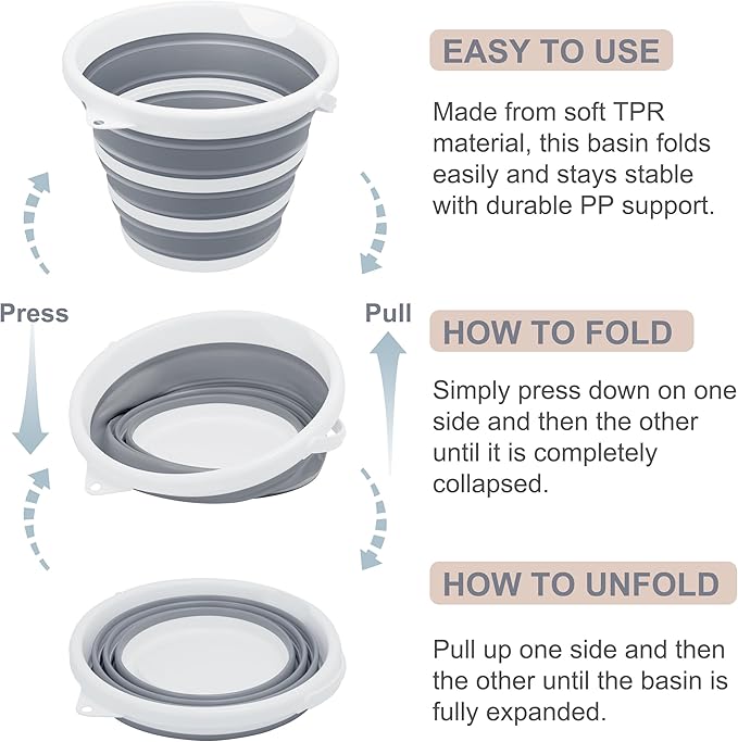 Collapsible Bucket, 2.6 Gallon (10L) - Foldable Mop Bucket for House Cleaning, Car Washing, Camping - Portable Water Pail for Outdoor, RV, Travel (Grey, Round)