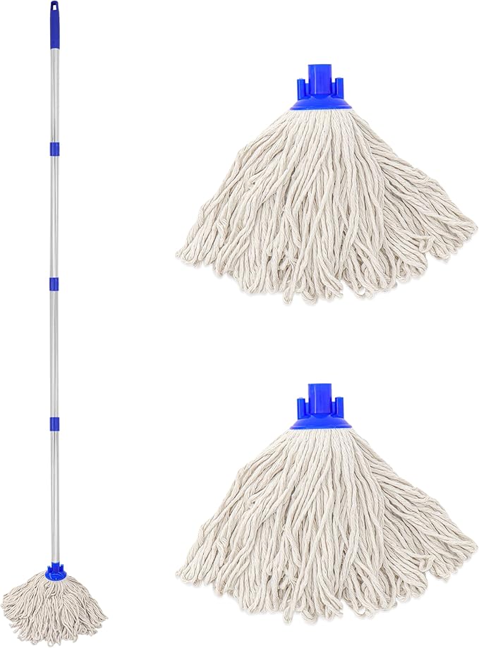 Cotton Cloth Mop, 4 Section Stainless Steel Pole + Two Cotton String Mop Heads White