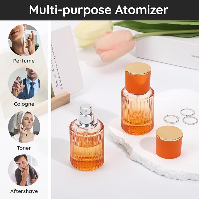 Segbeauty 1oz Refillable Perfume Atomizer, 30ml Travel Glass Spray Bottle for Perfume, Pack of 2 Small Travel Size Empty Bottles, Fine Mist Sprayer for Cologne Women and Men, Orange Liquid Container