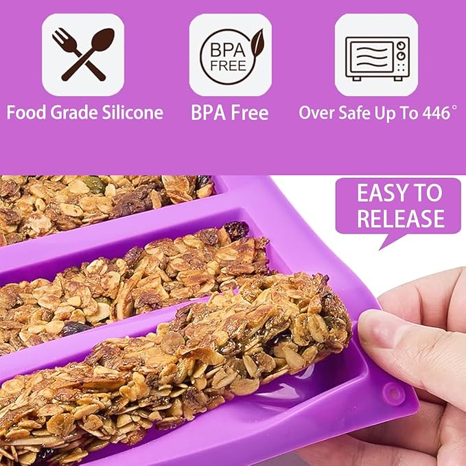 Rectangle Granola Bar Silicone Molds（8 Cavity），1 Inch Deep Chocolate Bar Baking Mold For Food，Homemade Snacks Cereal Protein Energy/Candy Bar - Set of 1