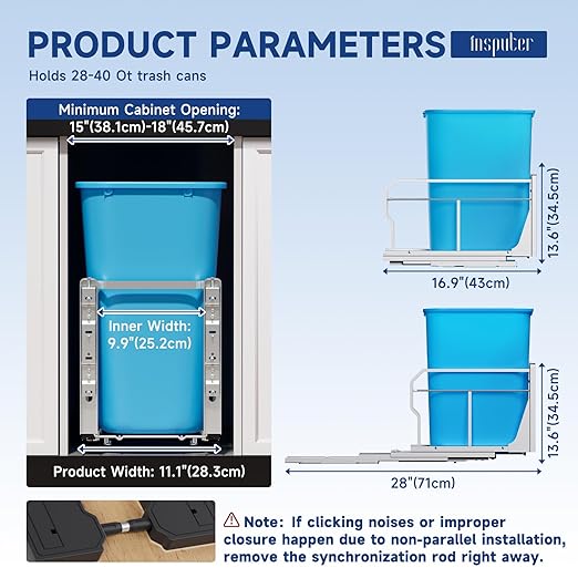 Pull Out Trash Can Under Cabinet with Push to Open Slides, Insputer Heavy Duty Under Sink Garbage Can Kit for Kitchen, Laundry, Not Included Bin, Requires 15" W X 18" D Cabinet, has Installation video