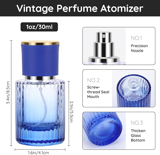 Segbeauty 1oz Glass Travel Cologne Sprayer, Blue Perfume Spray Bottles Refillable, 4pcs 30ml Empty Perfume Bottle for Women, Large Cosmetic Cologne Atomizer Spray Bottle Atomizer Sprayer for Men