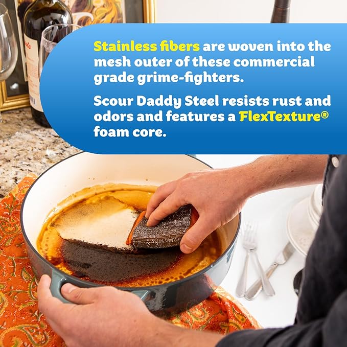 Scrub Daddy Large Steel Scouring Pads - Scour Daddy Steel XL Stainless Steel Dish Scrubber Sponge - Durable, Shred-Resistant Scour Pads - Bulk Kitchen Sponges & Commercial Cleaning Supplies (18 Count)