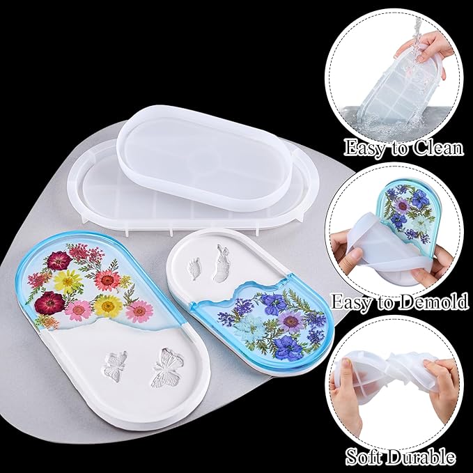 Silicone Tray Molds for Epoxy Resin Mold Tray with Sides 2 PCS Butterfly Carved Jewelry Trinket Dish Concrete Plaster Mould Large Oval Storage Plate Coaster Container Cement Moulds with Clear Stamps