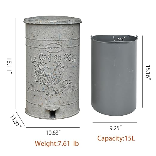 Farmhouse Metal Trash Can with Lid Retro Step Pedal Garbage Cans Vintage Round Step-On Waste Container with Removable Inner Bucket for Kitchen Bathroom Bedroom Toilet Office Garden Outdoor 15 Liter
