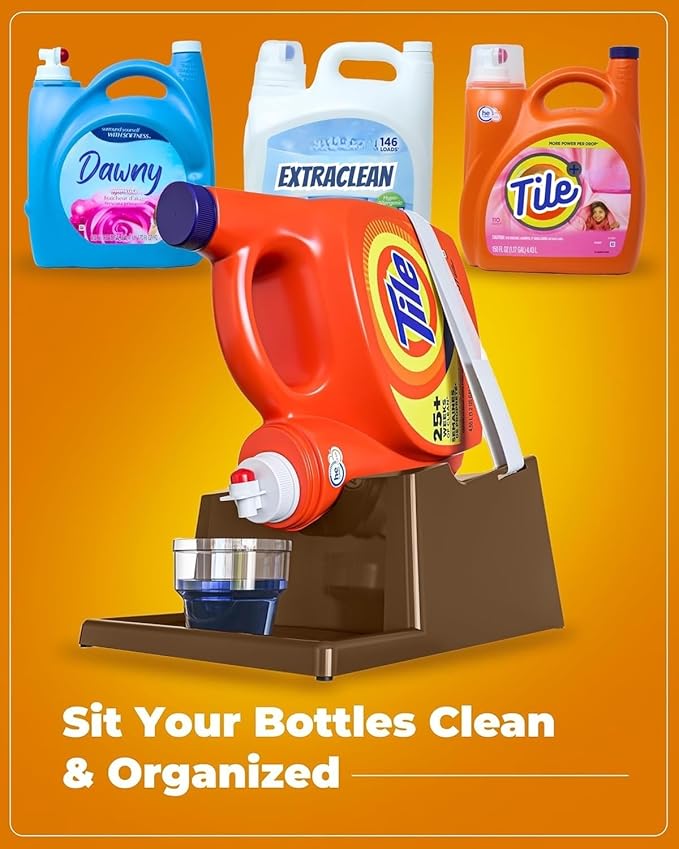 TidyFriend Laundry Detergent Holder Stand with Drip Tray, Laundry Soap Holder with Non-Slip Rubber Feet for Washing Space Organization, Angled Downward Slope for Easy Pouring (Brown)