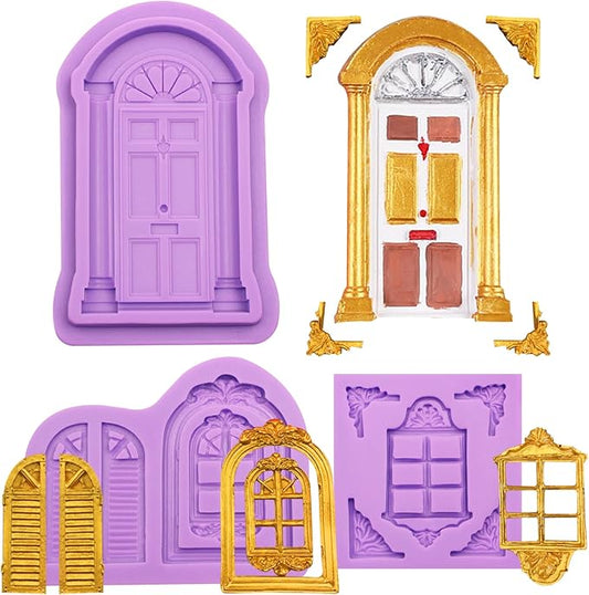 Window Silicone Fondant Molds, Door Chocolate Molds for Cake Decoration Cupcake Topper Candy Gum Paste Sugar Craft Polymer Clay Set of 3