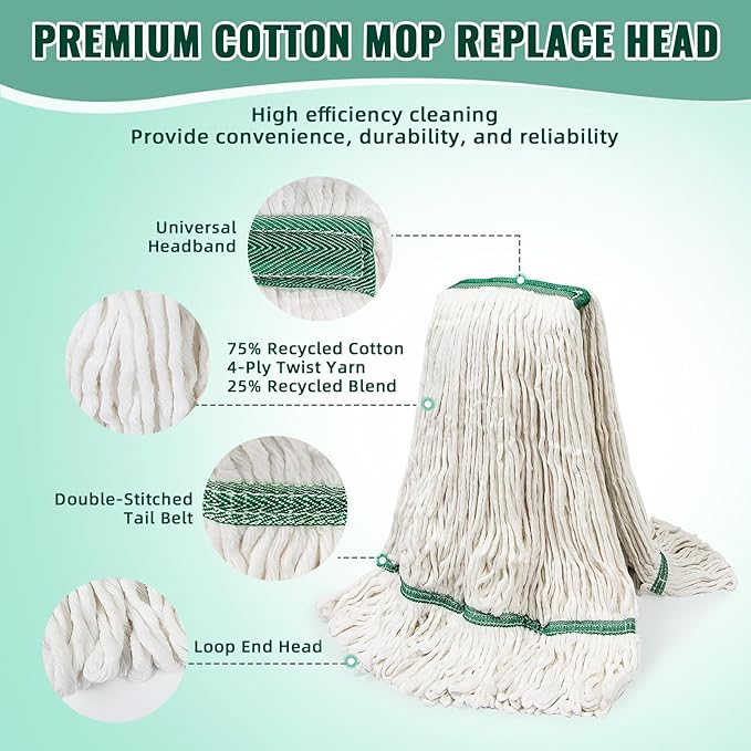 20oz Commercial Cleaning Mop Head Replacements- 6 Pack Heavy Duty Industrial Cotton Looped End String Cleaning Mop Head Refills,Used for Home,Garage,Office and Kitchen,White Mop Refills