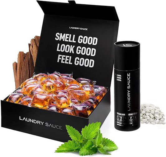 Laundry Sauce - Luxury Scented Laundry Detergent Pods & Scent Booster Bundle (Australian Sandalwood), Premium Laundry Washing Pods with High-End, Sophisticated Fragrances, Dye Free & HE Compatible