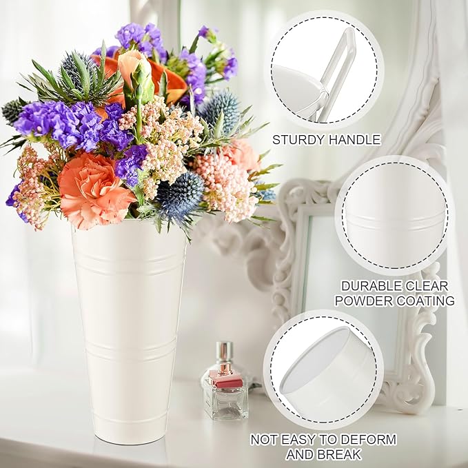 Zhehao 12 PCS 12 Inch Galvanized Metal Vase with Handles Bulk Tin Flower Buckets Galvanized Vases for Flowers Country Wedding Table Centerpieces Metal Flower Buckets for Wedding Home(Creamy White)