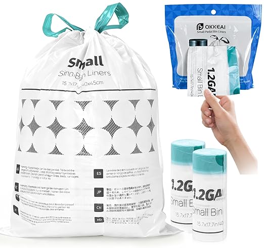OKKEAI 1.2 Gallon Mini Drawstring Trash Bags, Small Bathroom Garbage Bags 5L – Leak-Proof Tear-Resistant Wastebasket Liners for Bathroom, Office 70 Count