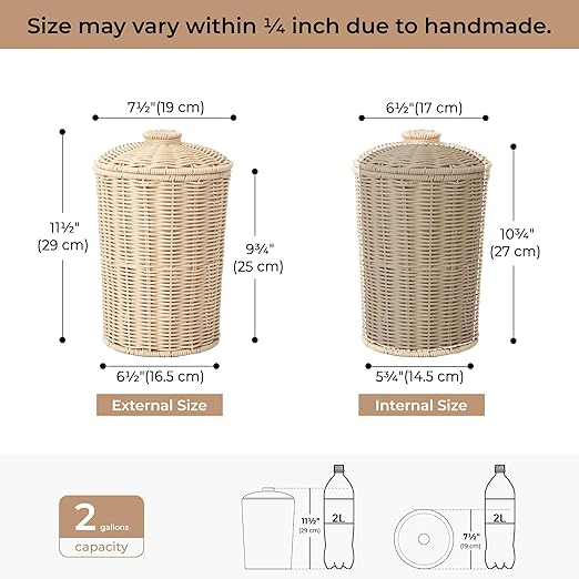 GRANNY SAYS Wicker Small Bathroom Trash Can with Lid, 2 Gallon Cute Decorative Waste Basket for Bedroom and Dorm, Office Garbage Cans for Under Desk, Mini Round Trash Bin for Decor, Off White
