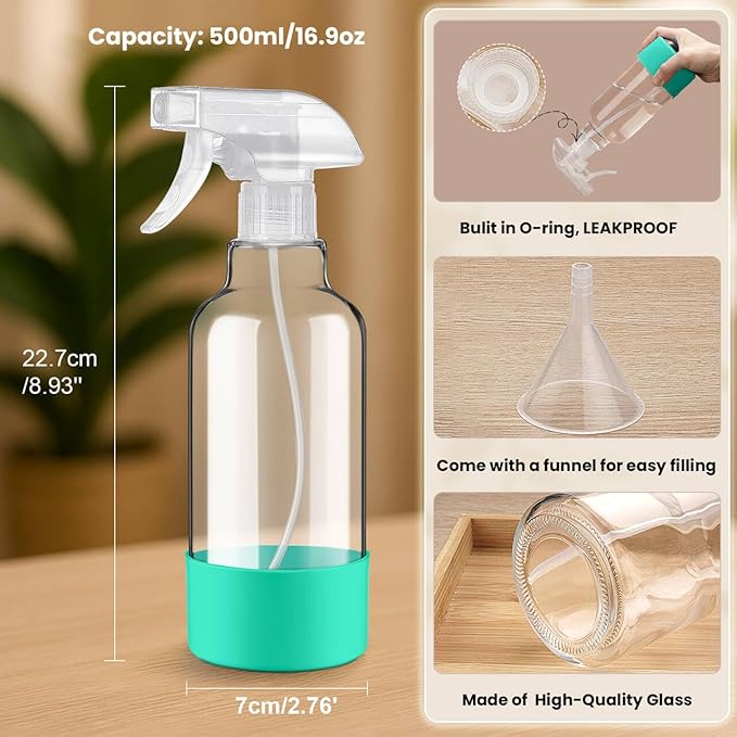 Glass Spray Bottles with Silicone Sleeve 16.9oz 2 Pack Empty Spray Bottle for Hair Mist/Stream Spraying for Cleaning Solutions, Plants, Essential Oils (clear-green&grey)