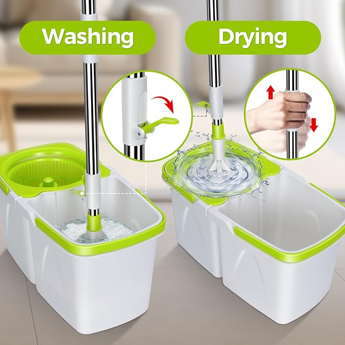 Spin Mop and Bucket,Masthome Mop and Bucket Set with Wringer.4L Detachable Bucket Small,Separate Clean and Dirty Water,Adjustable 50" Handle,3 Microfiber Pads for Wet/Dry Hardwood Tile Floor Cleaning
