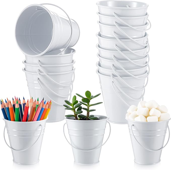 Sadnyy 12 Pcs 3.5in Small Metal Buckets with Handle, Mini Metal Pail Tin Galvanized Pail Container for Trick or Treat Flower Plant Craft Halloween Party Favors Garden Home Decoration (White)