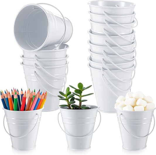 Sadnyy 12 Pcs 3.5in Small Metal Buckets with Handle, Mini Metal Pail Tin Galvanized Pail Container for Trick or Treat Flower Plant Craft Halloween Party Favors Garden Home Decoration (White)