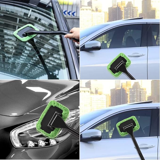 Windshield Cleaning Tool Windshield Cleaning Wand Auto Window Cleaner,5 Pieces Reusable Cloth Pads for Car Interior, Dirty Car Washing Brushes (Green)
