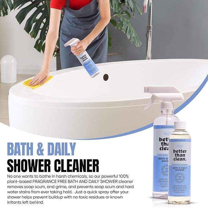 Better Than Clean™ Bath and Shower Cleaner Starter Pack – Fragrance Free, Plant-Based, Non-Toxic, Bathroom Cleaner with 8oz Concentrate & 16oz Empty Refillable Spray Bottle