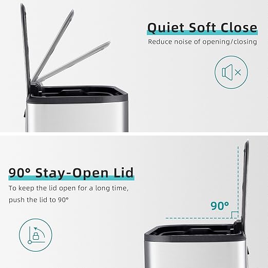 GlowSol Small Trash Can with Lid, 5.3 Gallon Stainless Steel Garbage Can, Rectangular Step on Waste Bin with Foot Pedal & Inner Bucket, Quiet Close, for Kitchen Bathroom Bedroom Living Room Office