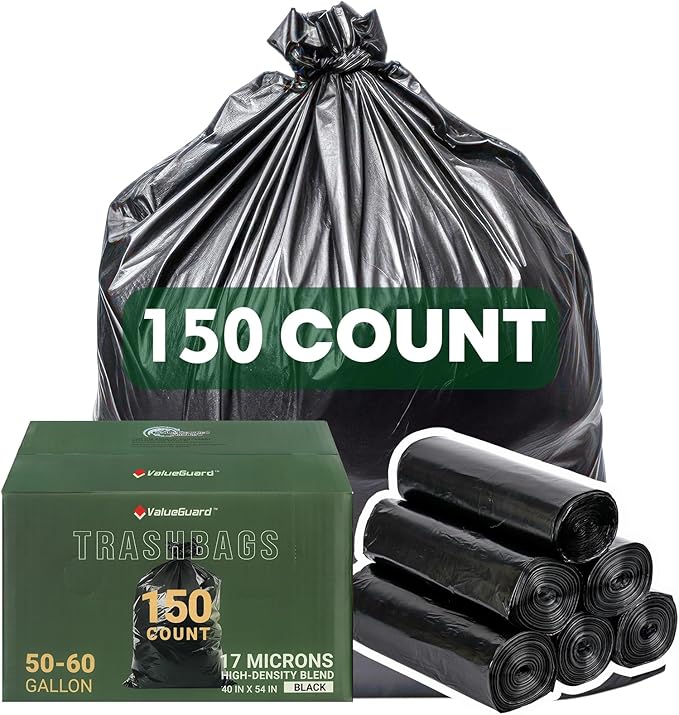 150 Count 55-60 Gallon Trash Bags, Large Garbage Bags Sturdy & Tear-Resistant Commercial Can Liners 55 Gallon, Large Black Trash Bags for Commercial, Lawn and Leaf Bags (150 Count)
