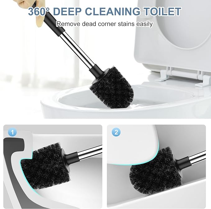 SetSail Toilet Brush and Holder 3 Pack, Self Closing Lid Toilet Bowl Brushes Holder Extra Long Handle Ventilated Toilet Brush Set for Bathroom Cleaning, Nylon Bristles, Black