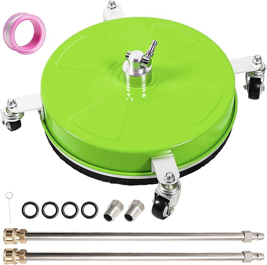 14" Pressure Washer Surface Cleaner with 4 Wheels, Coated Green Stainless Steel Power Washer Surface Cleaner for Driveway Sidewalk Patio, 1/4" Quick Connector 2 Extension Wand, 4000 PSI