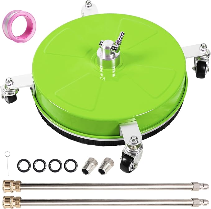 16" Pressure Washer Surface Cleaner with 4 Wheels, Coated Green Stainless Steel Power Washer Surface Cleaner for Driveway Sidewalk Patio, 1/4" Quick Connector 2 Extension Wand, 4000 PSI
