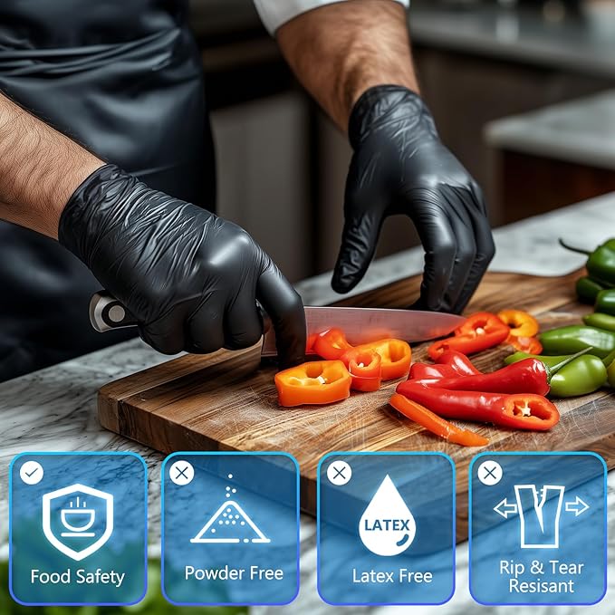 squish Disposable Gloves Black, 100 Count 4 mil Vinyl Gloves Exam Glove Latex Free Powder-Free Cleaning Rubber Glove for Kitchen Cooking Cleaning Food Handling(Large)