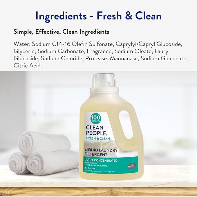 The Clean People Liquid Laundry Detergent - Recyclable Packaging, Stain Fighting - Ultra Concentrated, Laundry Soap - Fresh Scent, 50 fl oz