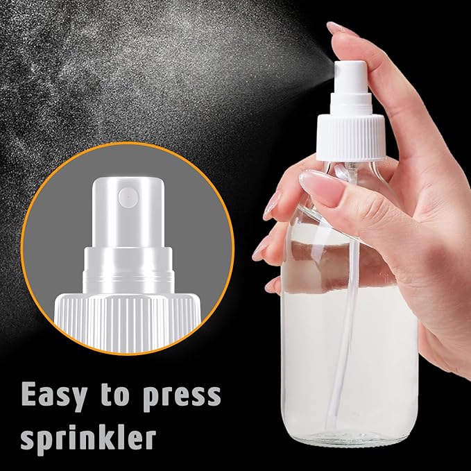 Tecohouse 2 Pack Glass Spray Bottles, 250ml Small Glass Bottles for Cleaning Solutions, Spray Bottles for Essential Oils, Plants, with Durable Nozzle, Labels, Funnel - Clear