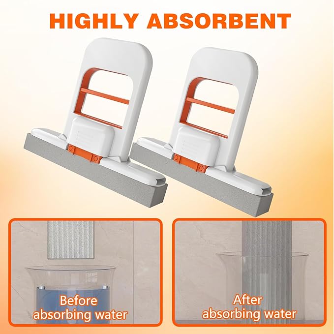 Mini Folding Table Mop, 2025 Portable Cleaning Sponge Mop for Bathroom, Kitchen, Countertops, Glass, Tile - Wet and Dry Use, Deep Grooved, One-Hand Squeeze Handle, Replaceable Mop Head