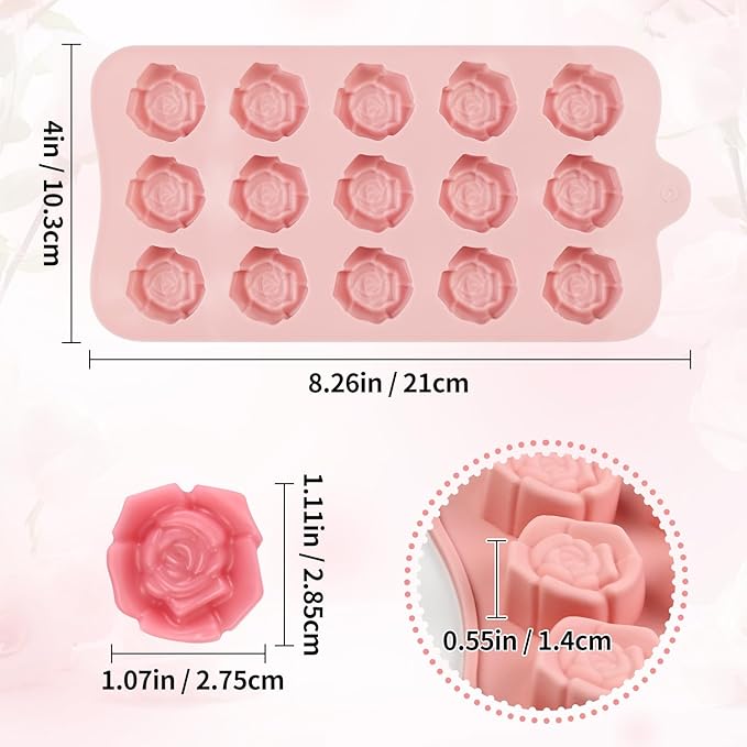 2 Pcs Rose Mold Silicone, 15 Cavity Flower Silicone Molds, Non Stick Rose Ice Cube Mold for Candy, Chocolate, Soap, Cupcake Decoration, Jelly, Dishwasher Safe, Pink + Gray