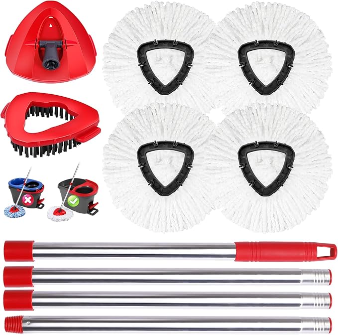 Mop Heads Replacements Complete Combo for O-Ceda,4Pcs White Machine Washable Microfiber Spin Mop Refills Replace Heads,1 Scrub Brushs,1 Base,1 Set Handle,Spin Mop Replacements for Tub and Tile