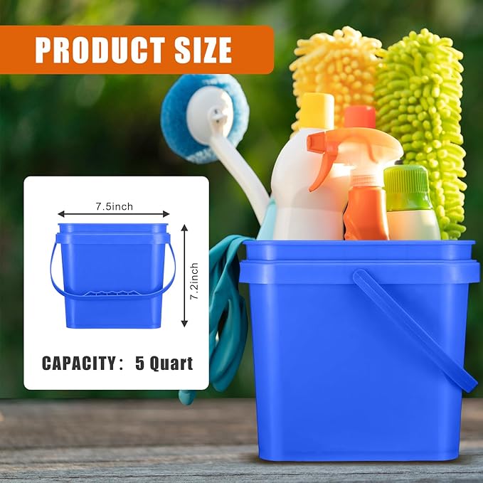 Mifoci 4 Pcs Plastic Bucket 5 Quart Square Cleaning Bucket Utility Small Pail with Handle for House Cleaning Storage Livestock Feeding Car Washing (Yellow,Blue,Green,Orange)