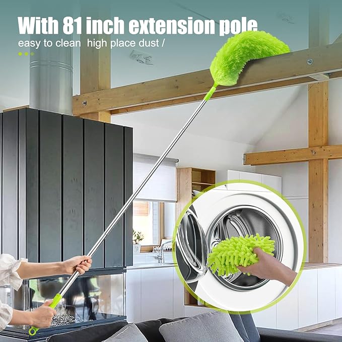 Microfiber Feather Duster with Extension Pole, Bendable Reusable Washable Dusters for Cleaning High Ceiling Fan, Cobweb, Blinds, Keyboard, Furniture & Cars, Duster Kit with Storage Bag (11 PCS)