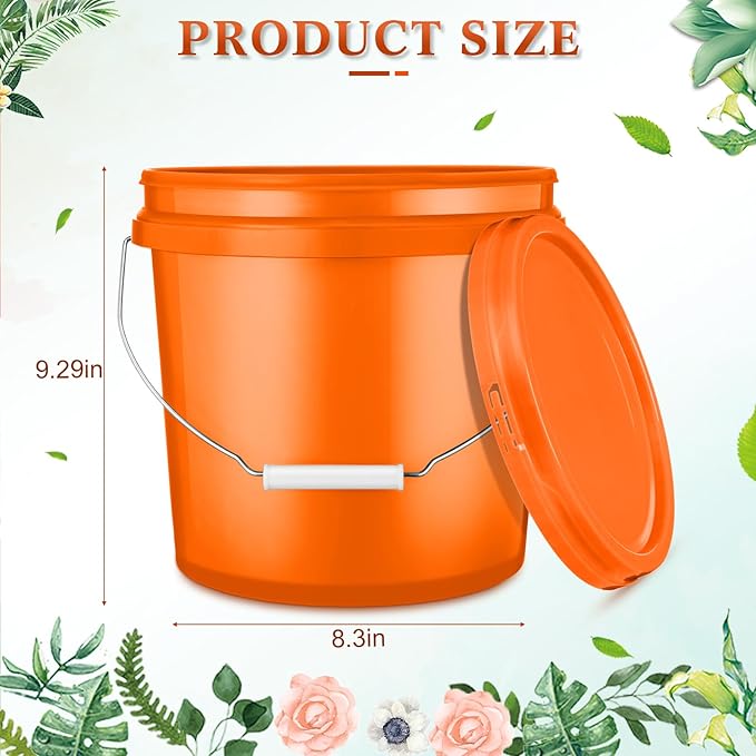 6 Pack 2 Gallon Plastic Bucket with Lid Heavy Duty Pail with Metal Handle Reusable Small Multipurpose Paint Buckets Container for Food Storage(Orange)