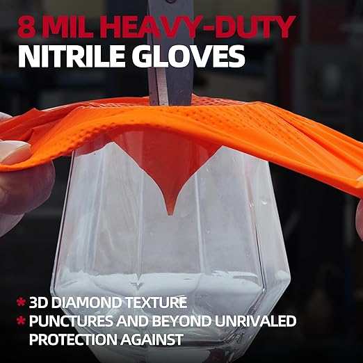 Jointown Basic Heavy Duty Nitrile Gloves, Mechanic Gloves 8 Mil Nitrile Disposable, with Raised Diamond Texture, Case of 1000, Orange, Medium