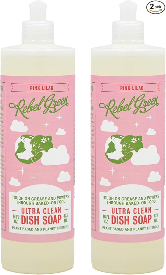Rebel Green Super Deluxe Dish Soap - Natural Dishwashing Soap - Liquid Dish Detergent - Sustainable Dish Liquid Scented with Pink Lilac - (16 oz Bottles, 2 Pack)
