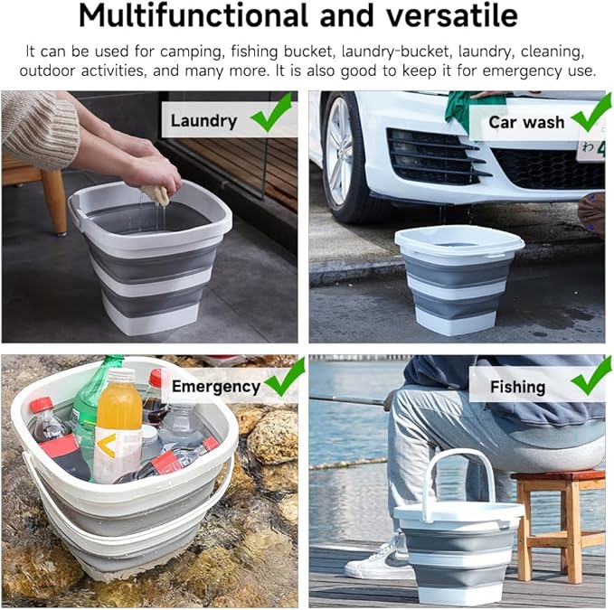 2 Pack Collapsible Plastic Bucket with Handle 2.6 Gallon (10L) Each Foldable Rectangular Tub for Cleaning Camping Essentials Space Saving Outdoor Portable Bucket for Camping