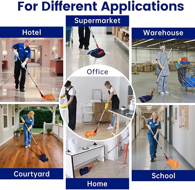 Heavy Duty Commercial Mop with 77inch Long Handle, Looped-End String Wet Mop with 2 Heads for Home, Garage, Office Floor Cleaning (Blue-Orange)