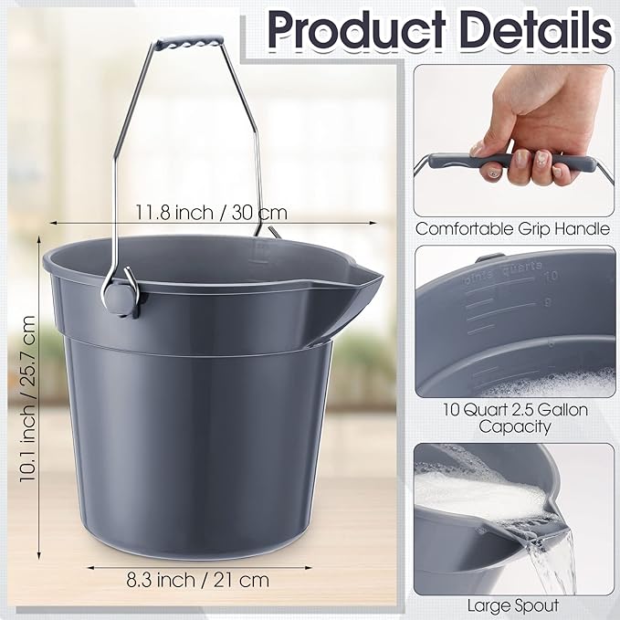 6 Pcs 2.5 Gallon Bucket for Cleaning Plastic Heavy Duty Clean Bucket with Handle and Spout Industrial Storage Container(Grey)