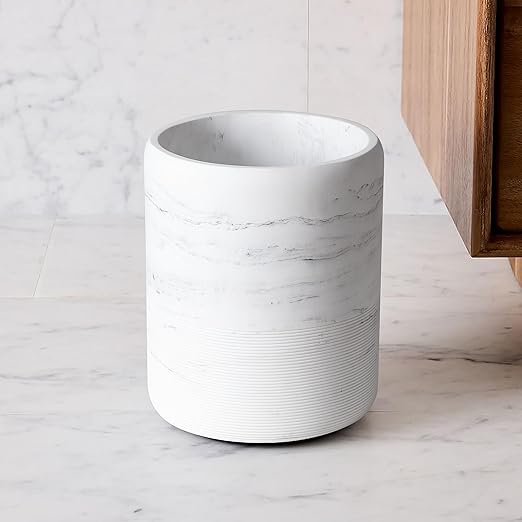Bathroom Trash Can - Decorative Wastebasket Finished in Resin, Beautiful Marble Look, Modern Round Waste Basket for Bathroom, Powder Room Or Living (Marble Style), white