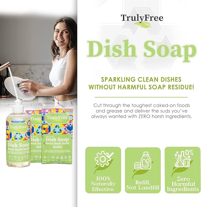 Truly Free Natural Concentrated Dish Detergent Dishwashing Liquid | Plant-Based Dish Soap | Sweet Basil Fresh Scent | Pack of 3